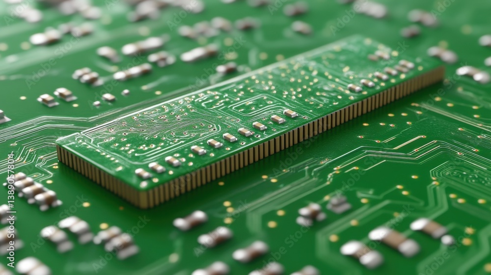Poster macro shot showcasing intricate details of a green circuit board with electronic components and gold