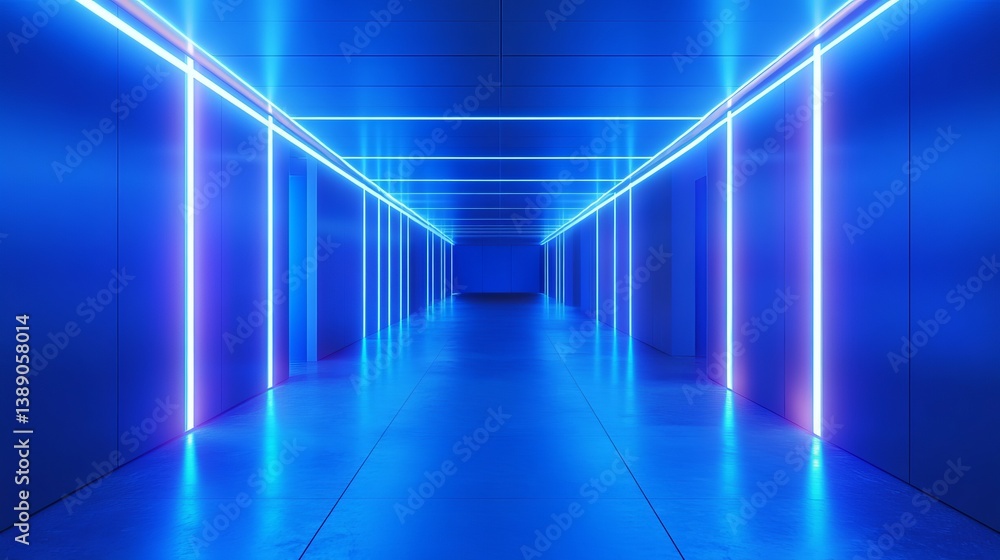 Poster illuminated blue corridor with neon lights creating a futuristic tunnel perspective view and smooth 