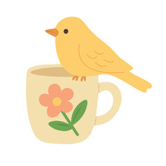 Sweet yellow bird sitting on floral cup. Cozy spring illustration in flat cartoon doodle style.