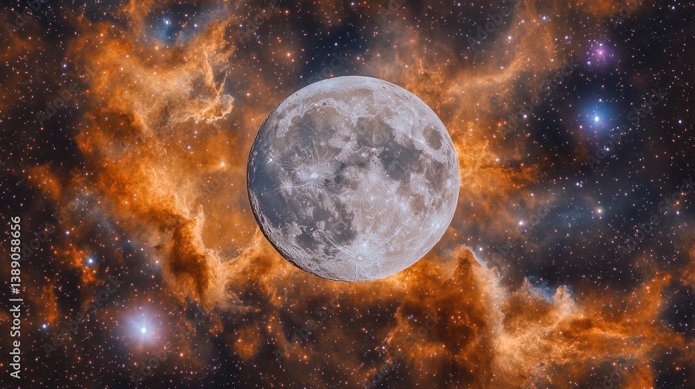 Poster ethereal moonscape with vibrant nebula clouds and distant stars creating a celestial spectacle astro