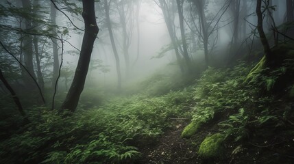 Misty forest landscape with green ferns and trees creates a serene scene
