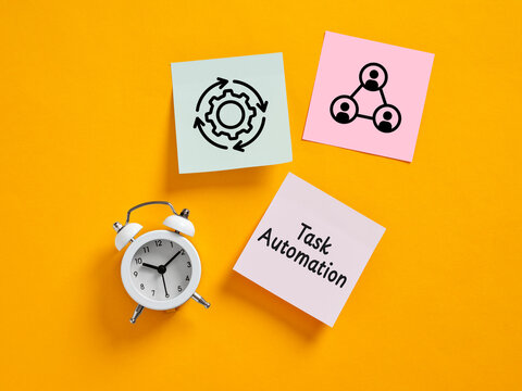 Task Automation Concept with Alarm Clock and Sticky Notes on Yellow Background