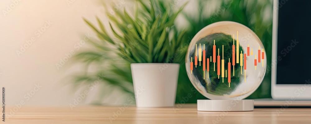 Aufkleber Candlestick in crystal globe with investment forecasting analysis concept. A decorative object symbolizing growth in a modern workspace.