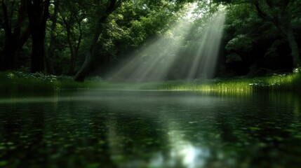 Naklejka premium Sunlight streams through lush forest, illuminating tranquil pond