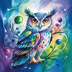 Naklejka premium A vibrant and colorful abstract painting of an owl with intricate patterns and a dynamic composition. The digital artwork features bold swirls, rich textures, and a mix of warm and cool tones. 