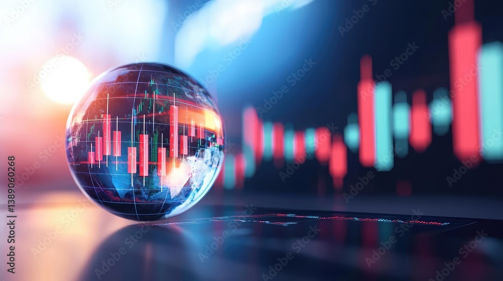Poster candlestick in crystal globe predicting stock market success concept. a crystal globe reflecting sto