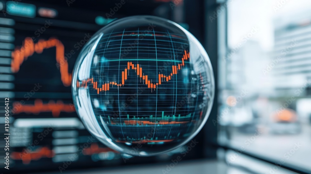 Poster candlestick in crystal globe with investment forecasting analysis concept. crystal ball reflecting s
