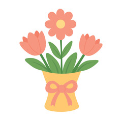 Cute bouquet with tulips and daisy tied with ribbon. Flat spring cartoon illustration for holidays.