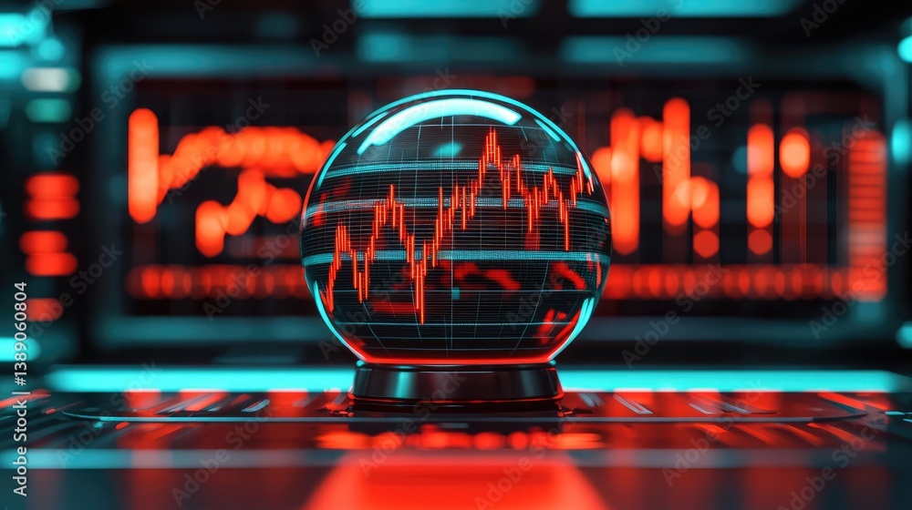 Aufkleber Candlestick in crystal globe predicting stock market success concept. Futuristic analysis with glowing data globe and financial graphs.
