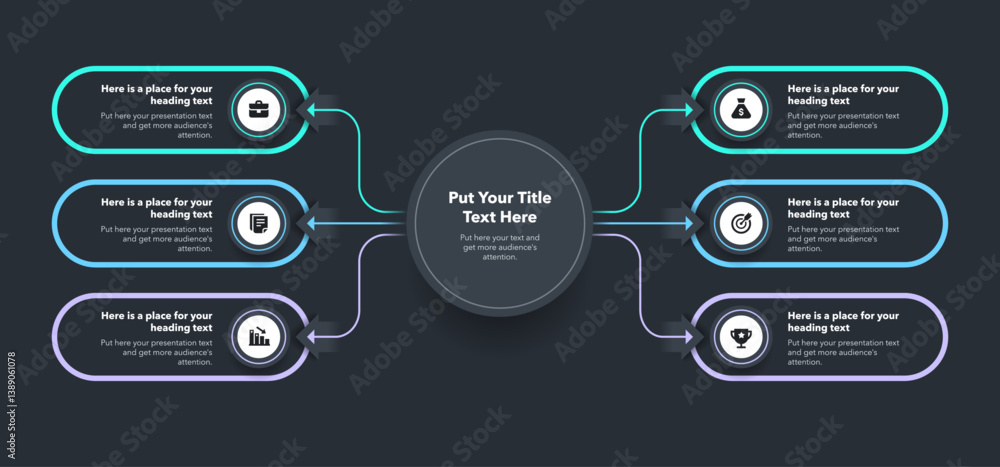 Leinwandbilder Flowchart infographic with central circle and six options - dark version. Flat chart design with thin lines for website or data presentation.