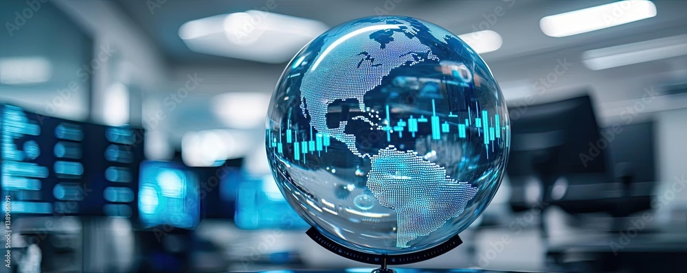 Poster Candlestick in crystal globe with investment forecasting analysis concept. A digital globe displaying analytical data and trends in an office.