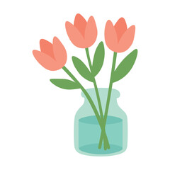 Three pink tulips in glass vase. Flat cartoon spring illustration in soft pastel style.