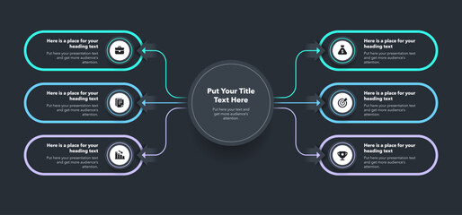 Flowchart infographic with central circle and six options - dark version. Flat chart design with thin lines for website or data presentation.
