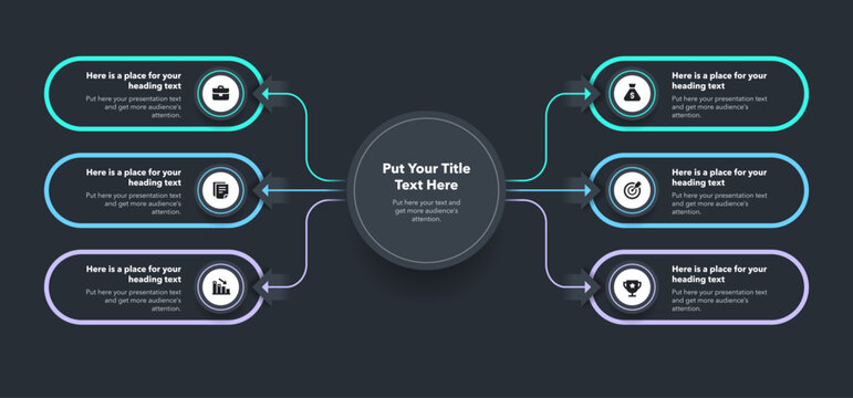 Flowchart infographic with central circle and six options - dark version. Flat chart design with thin lines for website or data presentation.