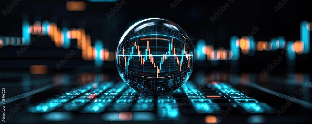 Poster candlestick in crystal globe predicting stock market success concept. futuristic financial analysis 