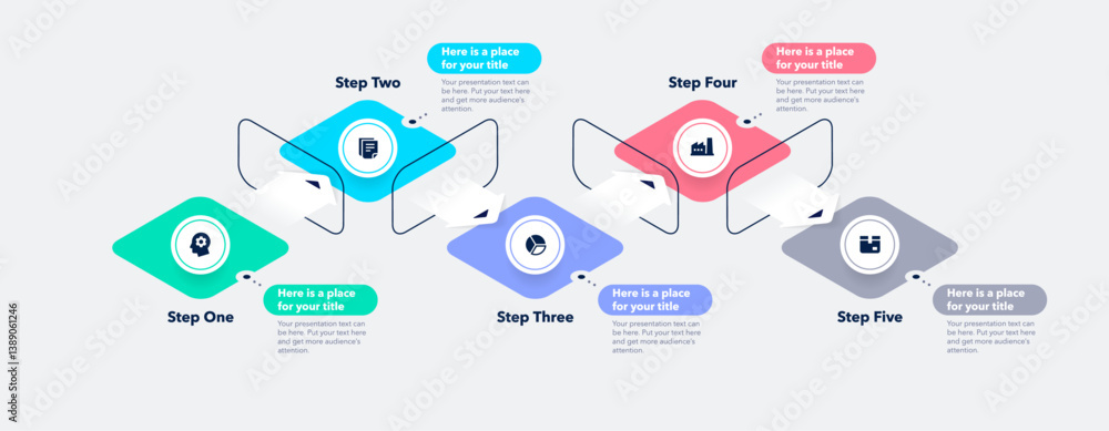 Poster Modern infographic process digram with five steps. Isometric chart design for workflow layout, banner, web design.