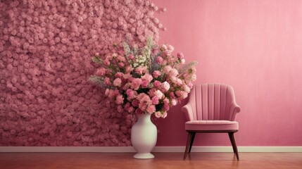 Fototapeta premium Elegant Pink Interior with Floral Arrangement and Chair 