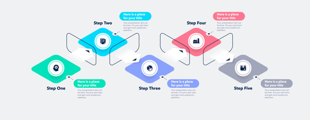 Modern infographic process digram with five steps. Isometric chart design for workflow layout, banner, web design.