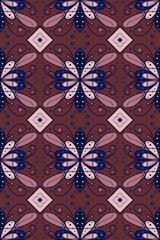 Seamless floral tile with swirled petals in navy and mauve over a maroon background. Perfect for wallpapers, fabrics, and digital backdrops.