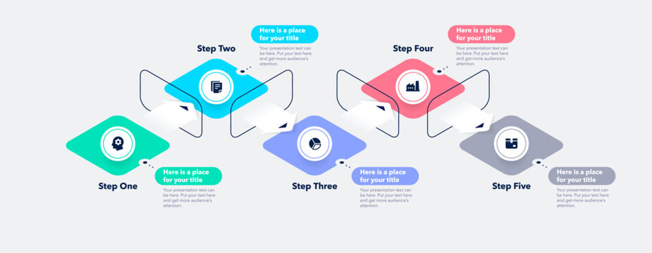 Modern infographic process digram with five steps. Isometric chart design for workflow layout, banner, web design.