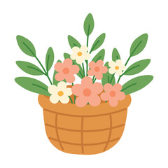 Cartoon basket filled with blooming spring flowers and leaves. Cute flat illustration for seasonal design.