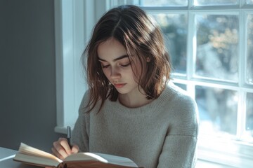 Young woman sits by window, pensively writing in a notebook, bathed in sunlight.