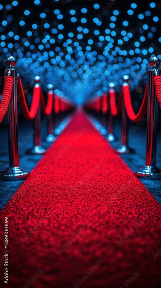 Poster elegant red carpet event with bokeh lights and silver stanchions creating a glamorous atmosphere for
