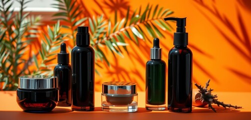 Dark glass bottles, skincare, cosmetics, orange background, sunlight, plants, empty space, aesthetic, shadow