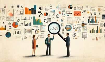 Fototapeta premium Team analyzing charts and searching data with magnifying glass and diagrams