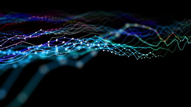 Motion 3D animated infographic color lines of graphs in dark. Concept for finance, business. Animated graph waves.