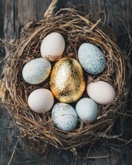 Obraz premium The Delightful Nest: A Celebration of Easter with Colorful Eggs and a Golden Prize