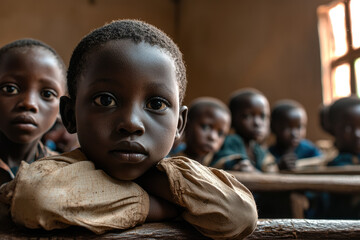 image captures group of children classroom, with focus boy resting his chin his arms, displaying thoughtful expression. warm lighting and rustic environment create intimate atmosphere