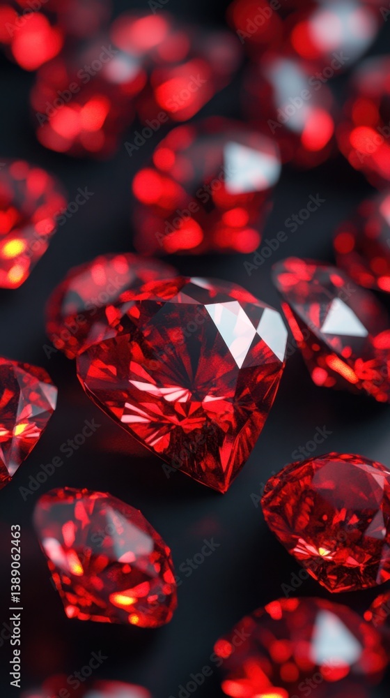 Poster radiant heart shaped ruby gems scattered on dark surface creating a romantic and luxurious ambiance 