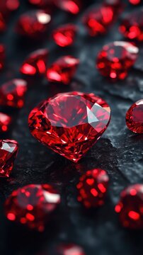 Sparkling ruby gems scattered on dark stone surface a captivating display of luxury and preciousness in elegant light