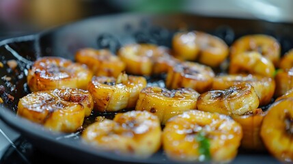 Fototapeta premium Caramelized bananas sizzling a hot pan drizzled with condensed milk