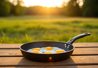 Skillet Breakfast on Wooden Table with Sunlit Field View