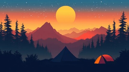 Black silhouette of mountains and fir trees in a camping landscape