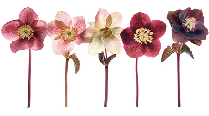 botanical design of six hellebores presents vibrant spectrum of colors and textures, invoking cheerful and harmonious feeling