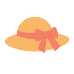 Stylish straw spring hat with coral bow and ribbon. Flat cute cartoon vector illustration.
