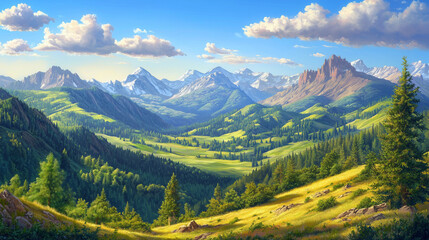 Fototapeta premium Breathtaking mountain landscape with lush green valleys, pine trees, and majestic peaks under a clear blue sky