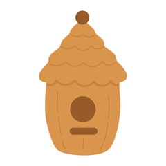 Cute cartoon wooden beehive or birdhouse with round entrance. Flat vector illustration isolated on white.