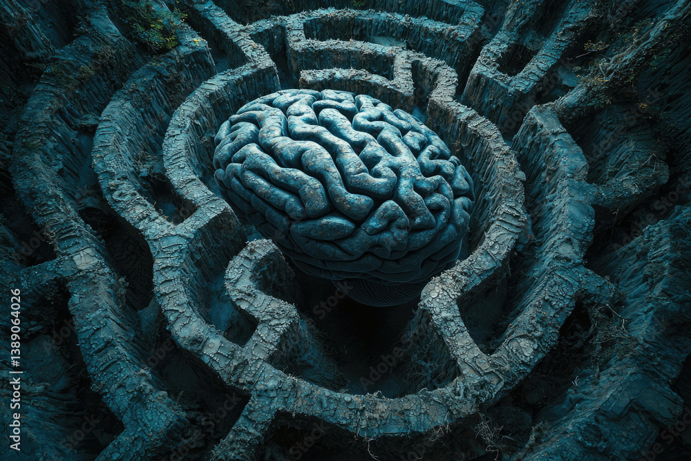 Poster A human brain nestled within a complex maze, symbolizing the intricacies of the mind and cognitive processes.