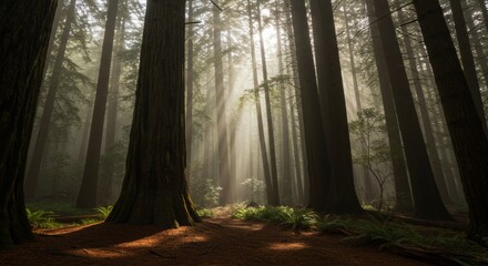 A beautiful forest landscape bathed in soft morning sunlight