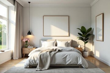Elegant bedroom with mirror frame, simple and stylish decor, minimalistic style, elegant, frame, minimalistic
