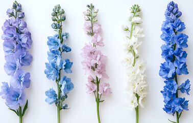 Here description and keywords, formatted as requested Beautiful blue, pink, white delphinium flowers in row express feeling of natural freshness and delicate beauty on bright background