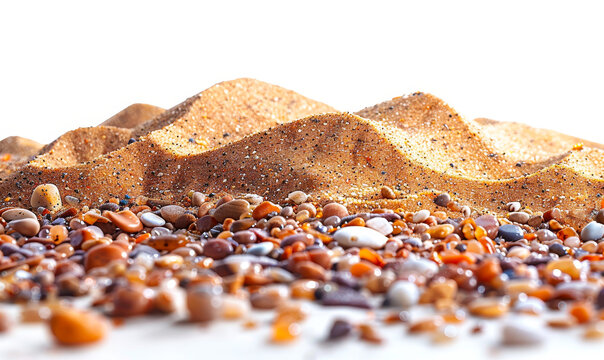 Heap of Dry Beach Sand and Colorful Pebbles on White Background, Beach Vacation Concept, Close-up Natural Textures, Summer Leisure Image
