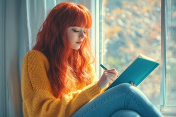 Redhead woman in yellow sweater sits by window, journaling in teal notebook on a sunny day.