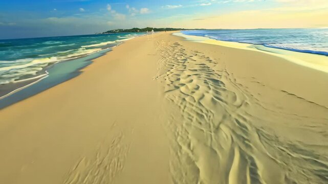 Aerial view of island, sandbank in ocean, white sand beach, blue sea at low tide on sunny summer day. Top view of sand spit, clear water, sky with clouds. Tropical.