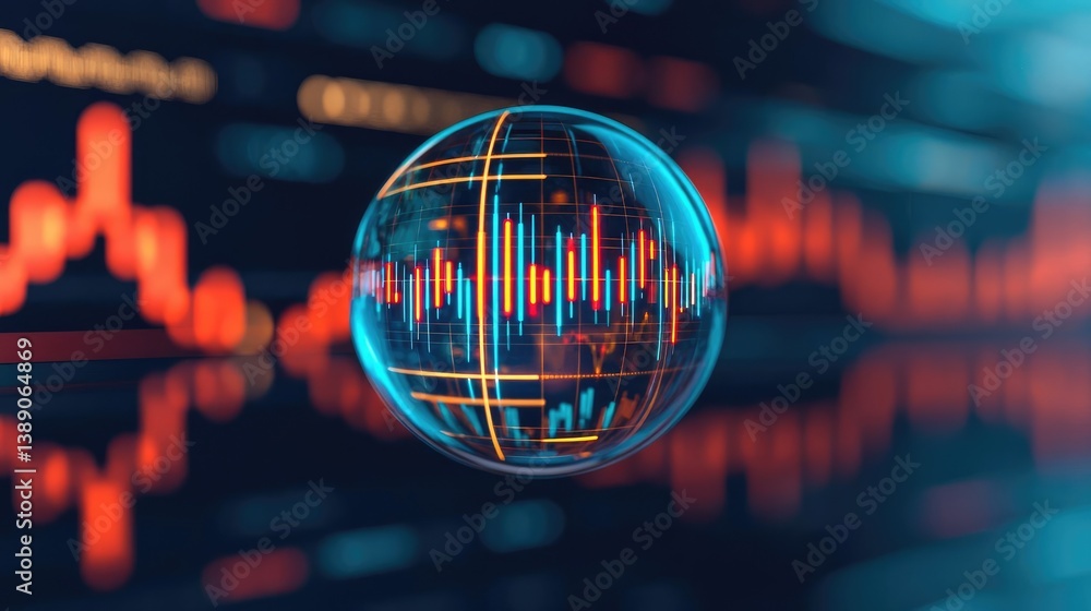 Poster candlestick in crystal globe with investment forecasting analysis concept. a futuristic globe showca