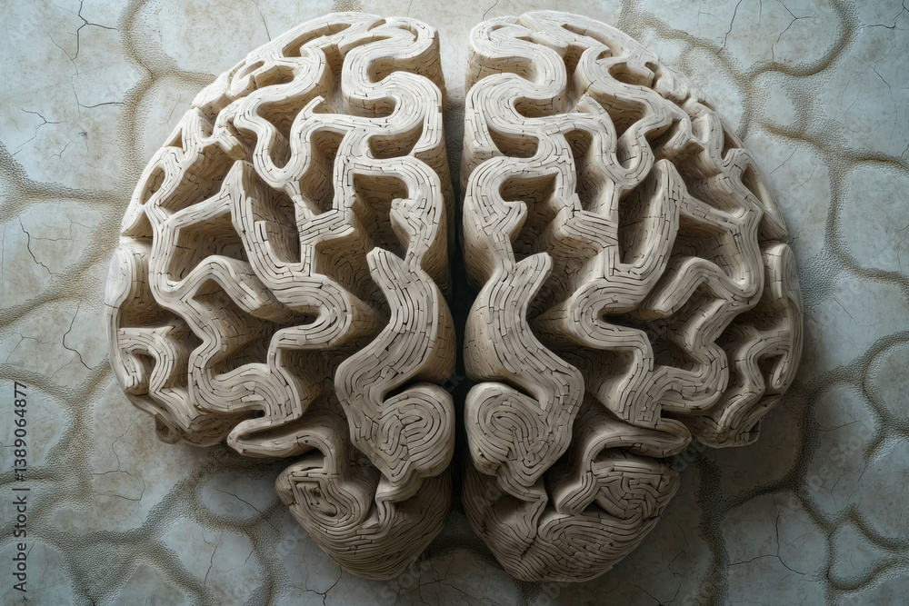 Poster detailed sculpture of a human brain, showcasing its intricate convolutions and complexity.